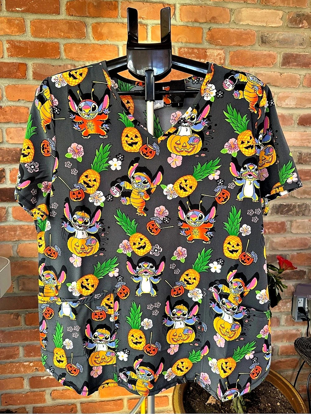 Disney Stitch Halloween Spooky Island V-Neck Scrub Top, large